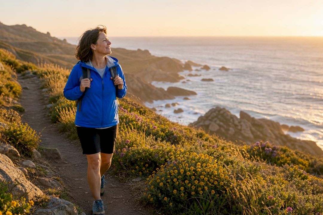 Woman hiking solo in forest trail at dawn