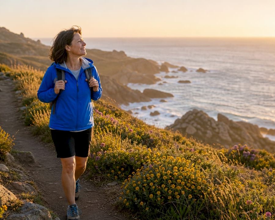 Woman hiking solo in forest trail at dawn