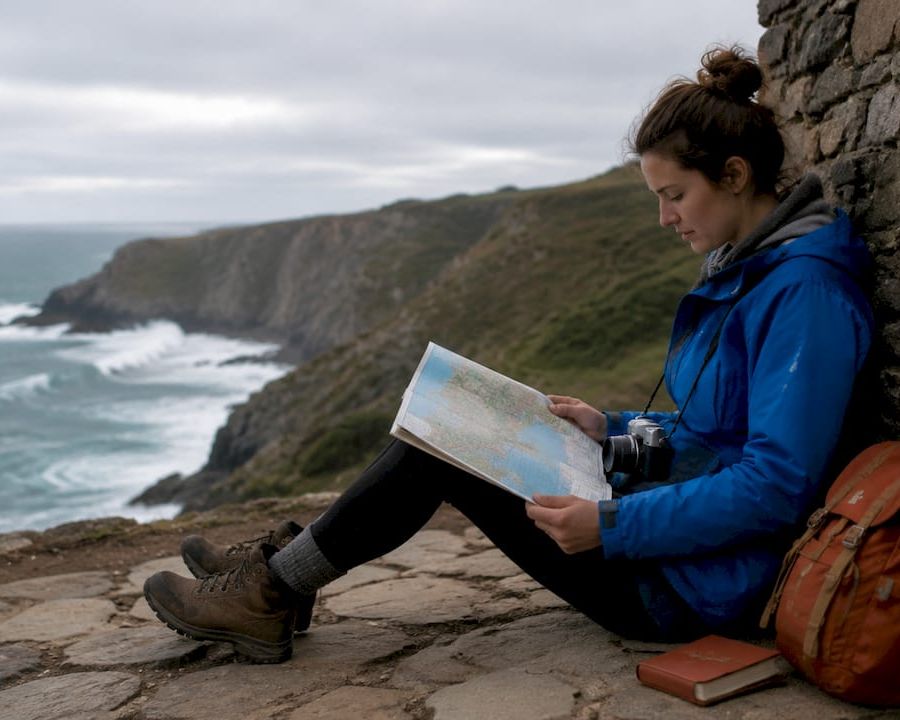 Woman planning eco-friendly nature trip outdoors